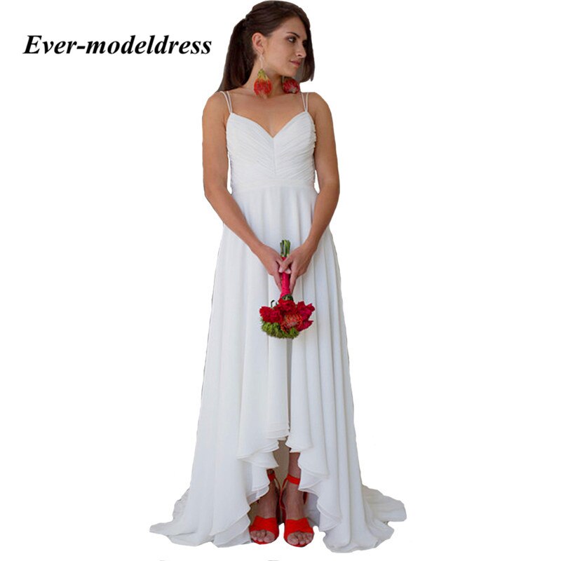간단한 스파게티 스트랩 높은-낮은 신부 들러리 드레스 쉬폰 드레스 웨딩 파티 비치 웨딩 게스트 드레스 vestido madrinha